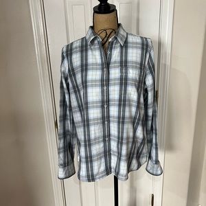 Ladies button down plaid blouse, white, gray & light blue, large